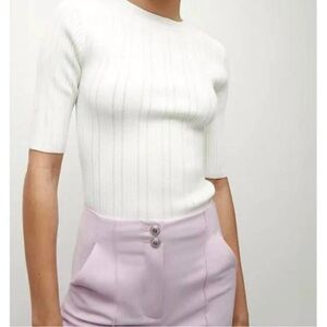 Veronica Beard Vaari Cream Rib Knit Short-Sleeve Top